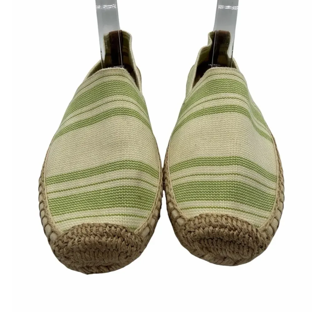 Tory Burch Striped Espadrille Slip-On Flats Green‎ Ivory Canvas Jute Women’s 10